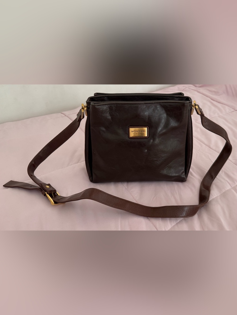 Mondani Brown Leather Bag with Gold Plaque